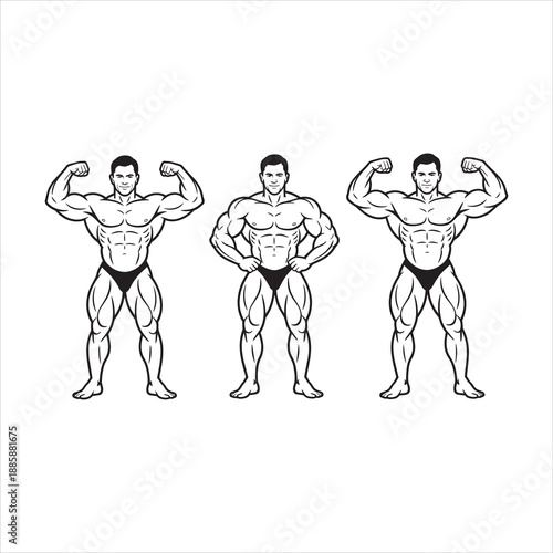 Bodybuilder flexing muscles in different poses for competition or training