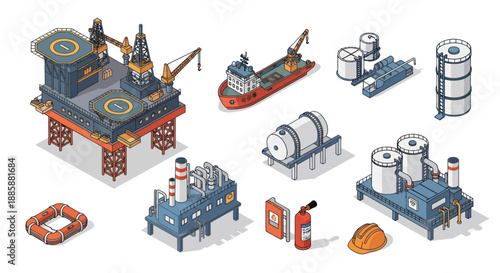 Oil Rig and Equipment Isometric Icons Set.