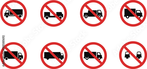 Set of Red Prohibitory Road Signs Restricting Different Types of Trucks and Commercial Vehicles Isolated on White Background for Traffic Safety