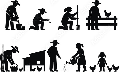 Black Silhouettes of Farmers Planting Seeds Watering Crops and Raising Poultry on a Farm Isolated on White Background for Agriculture Design