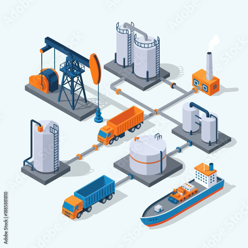 Oil Refinery Process Infographic Isometric Illustration.