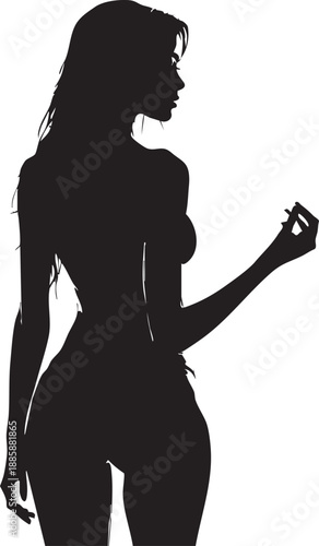 Silhouette of a woman in a sensual pose with one hand raised on a white background