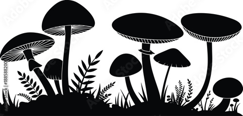 Black mushroom forest silhouette icons, wild fungi and grass nature vector illustration, autumn botanical elements isolated on white background, garden.