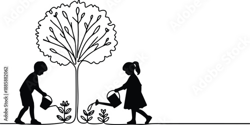 Black silhouette of boy and girl watering plants under a tree, children gardening vector illustration, nature and environment education icon,
