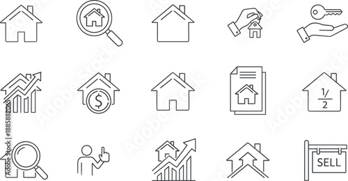 Real estate line icon set featuring property search, house sales, mortgage keys, investment growth charts, home appraisal, and residential market symbols.