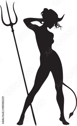 Silhouette of a seductive devil woman holding a trident standing confidently with a sensual pose and a playful tail conveying a sense of mischief and allure on a white background