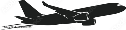 Black commercial airplane silhouette taking off, passenger jet aircraft vector illustration, aviation travel and transportation symbol isolated on white background, flight.