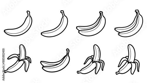 Banana Coloring Page Set – Black and White Cartoon Fruit Outline Illustrations