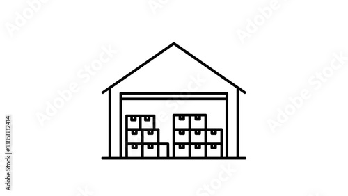 Warehouse Storage Icon – Outline Illustration of Building with Boxes