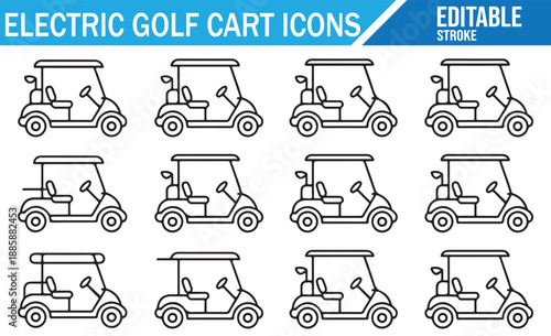 Electric golf buggy icon pack for sports and transportation graphic design. Outline vector set.