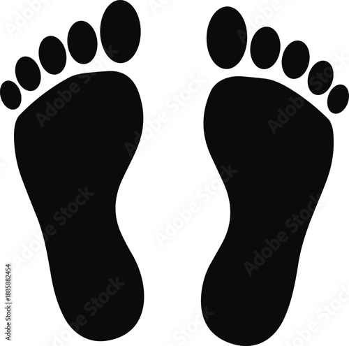 Black human footprints silhouette icon, barefoot pair sole print vector illustration, person feet mark symbol isolated on white background, path.