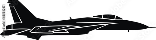 Black fighter jet silhouette icon, military supersonic aircraft vector illustration, modern air force aviation symbol, navy combat plane on white background.