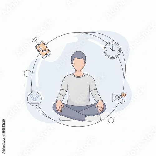 Mindful Solitude: A serene figure meditates in a bubble of focus, transcending the distractions of modern life.