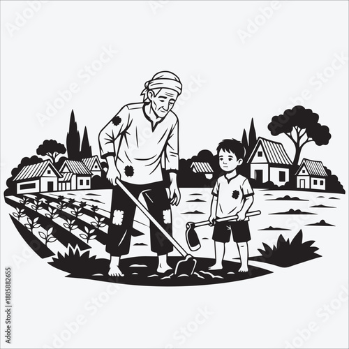 Farmer and Son Cultivating Field