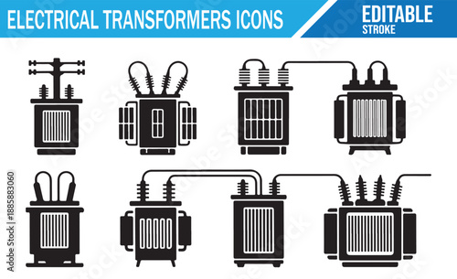Power substation and transformer line icons with editable stroke.