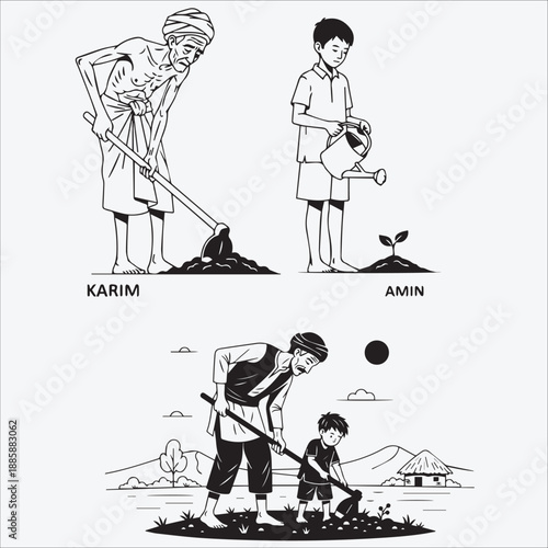 Farmer and Son Cultivating Field