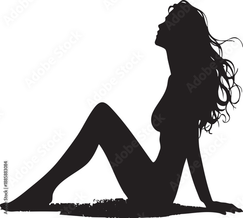 Silhouette of a woman sitting in a yoga pose with long hair on a white background conveying relaxation and serenity