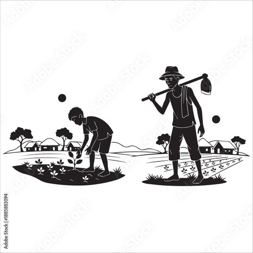 Farmer and Son Cultivating Field