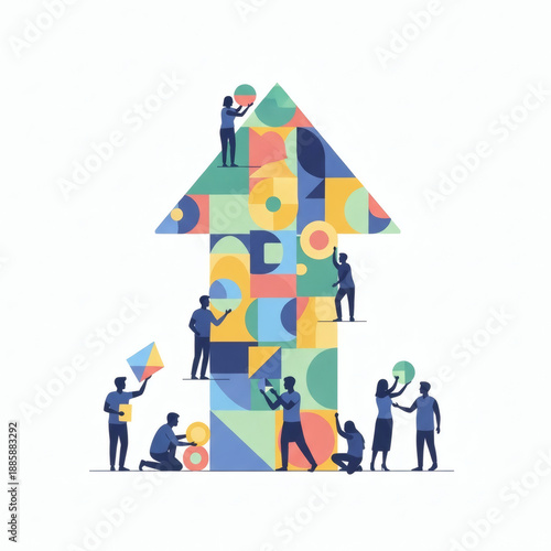 Building Success Together: A vibrant illustration showcasing a team of diverse individuals collaboratively constructing an upward-pointing arrow. The image reflects concepts of teamwork, progress.