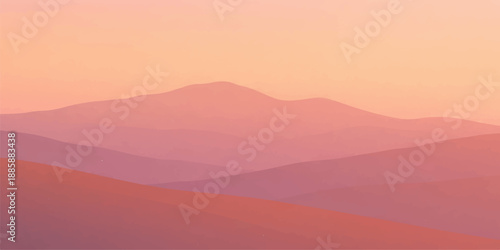 A misty sunrise and sunset glow over a blue mountain range where light breaks through clouds to reveal a forest valley silhouette against the horizon