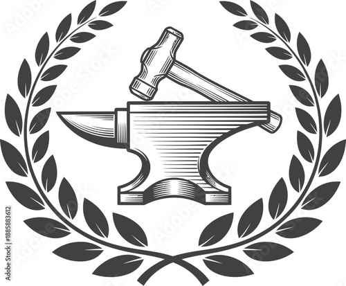 An elegant monochrome illustration of a blacksmith's tools, featuring an anvil and hammer within a laurel wreath