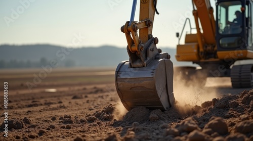 Heavy machinery excavator digging earth ground construction site industry project development earthworks land clearing heavy equipment powerful machine industrial machinery construction worker 