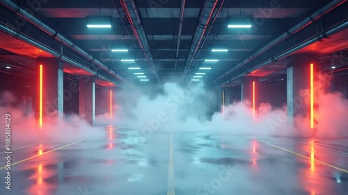 Abstract futuristic interior with neon lights, pipes, and smoke creating a mysterious atmosphere.