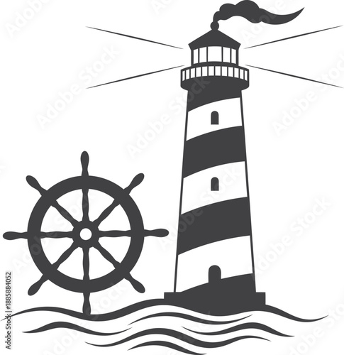 A black and white vector illustration depicting a traditional lighthouse and a ship's steering wheel on stylized waves