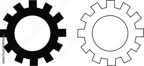 Gear and cog icon set in silhouette and outline style, mechanical settings symbols with industrial machine wheels, engineering technology vector illustration collection