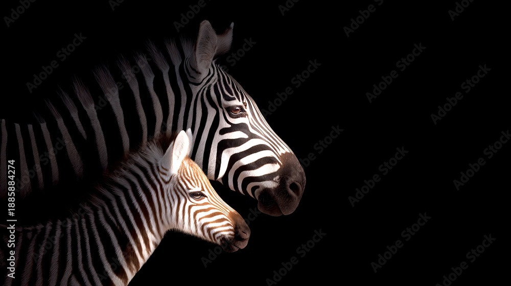 Obraz premium Two beautiful zebras stand against a dark backdrop. Their striking black and white stripes create a unique visual effect. A stunning piece for wildlife lovers. AI