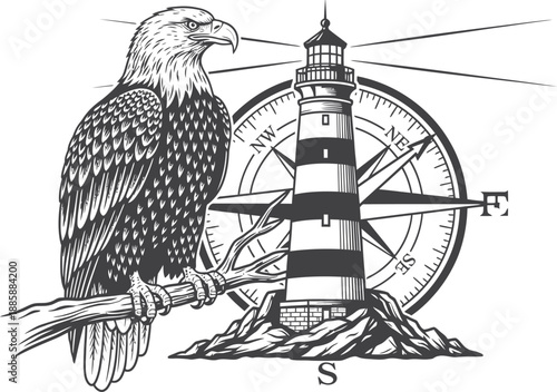 Majestic bald eagle perched on branch with lighthouse and compass rose in monochrome line art illustration