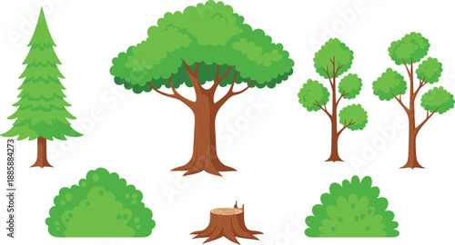 Tree And Bush Nature Elements Illustration Showing Pine Oak Shrubs And Stump Green Forest Botanical Vector Set