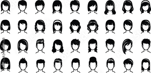 Diverse collection of black and white silhouette hairstyles for men and women avatar icon