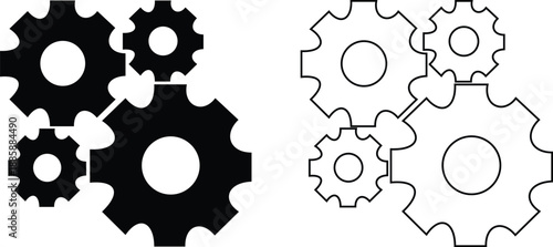 Gear and cog icon set in silhouette and outline style, mechanical settings symbols with industrial machine wheels, engineering technology vector illustration collection