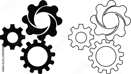 Gear and cog icon set in silhouette and outline style, mechanical settings symbols with industrial machine wheels, engineering technology vector illustration collection