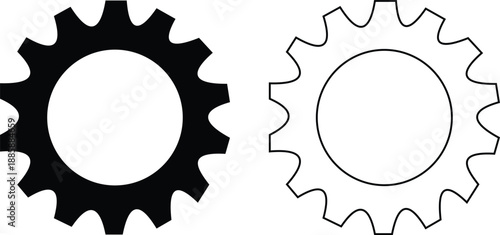 Gear and cog icon set in silhouette and outline style, mechanical settings symbols with industrial machine wheels, engineering technology vector illustration collection