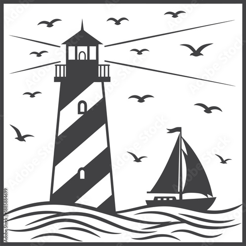 A black and white graphic design featuring a striped lighthouse and a sailboat on the ocean with flying seagulls