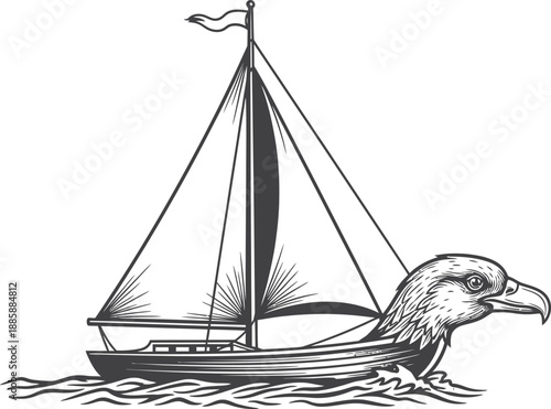 Black and white vector illustration of a unique sailboat design with an eagle head replacing the bow.