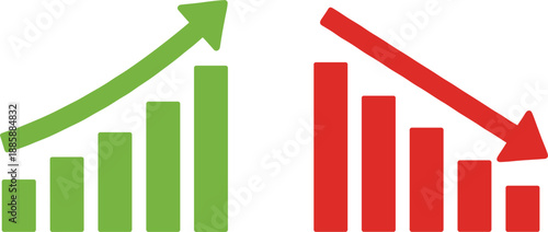 Flat vector illustration of green upward growth bar chart and red downward falling bar chart showing market trends.