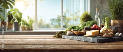 Panel kuchenny z motywem Fresh vegetables cheese and herbs on wooden kitchen table with natural light and copy space
