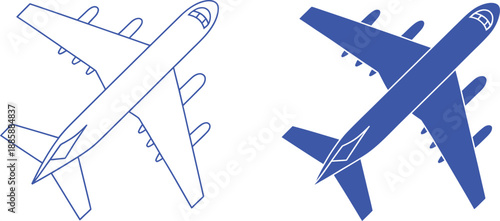 Blue airplane outline and solid blue airplane aircraft