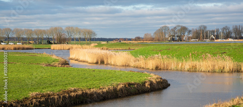 Rural landscape at Eemnes Sluice in Eempolder with high water against the dike and a ditch lined with reeds
