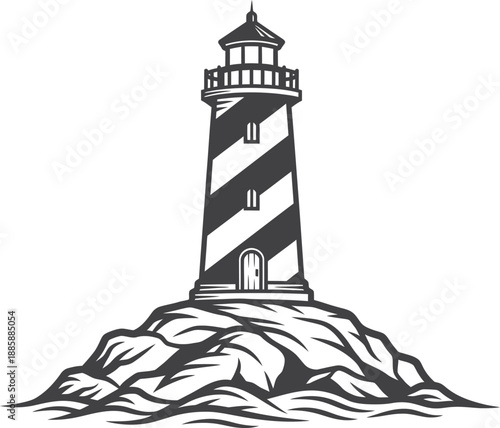 A detailed monochrome illustration of a classic striped lighthouse standing on a rocky cliff in the ocean