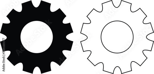 Gear and cog icon set in silhouette and outline style, mechanical settings symbols with industrial machine wheels, engineering technology vector illustration collection