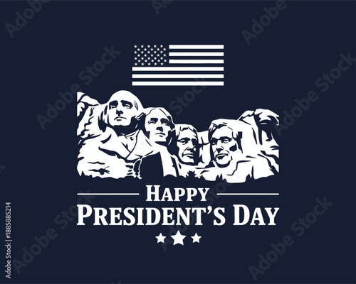 Happy Presidents Day Commemorative Banner Featuring Mount Rushmore National Memorial and American Flag for Patriotic Holiday Marketing Materials