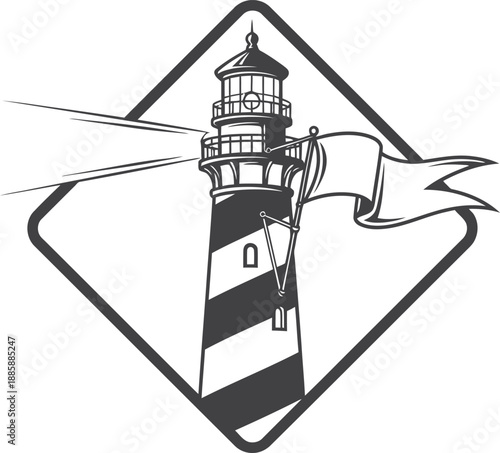 A vintage-style black and white lighthouse illustration with striped pattern and a flag waving in the wind