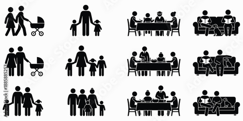 Family Life Icons Representing Different Family Units And Activities silhouette couple