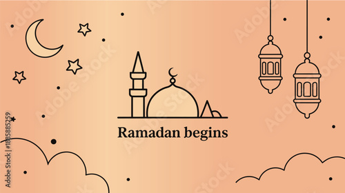Ramadan Begins Minimalist Line Art Background with Mosque Moon and Lanterns for Islamic Holy Month Greeting Cards and Social Media Marketing