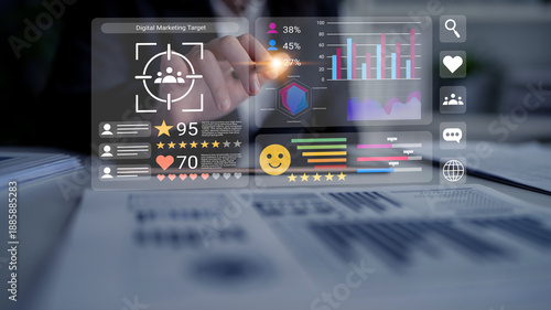 Fotografía Explore a futuristic digital marketing interface showcasing various performance metrics and statistics through interactive visuals, emphasizing business growth and strategy