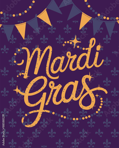 Purple Mardi Gras Party Poster with Gold Fleur-de-lis Pattern and Festive Bunting Flags for New Orleans Carnival Event Promotion